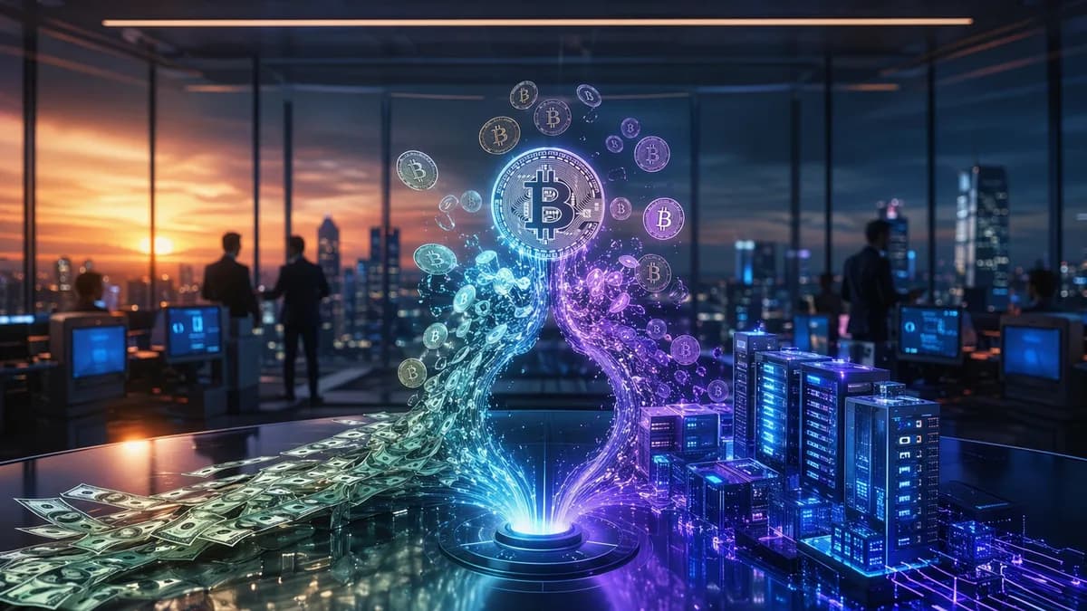 Bitcoin treasury selloff shifting capital toward AI data centers in a modern fintech office.