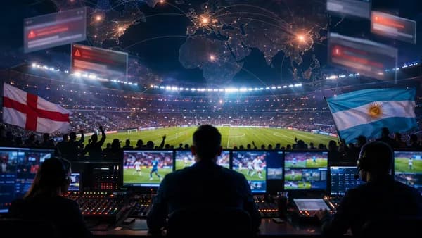 Global football livestream scene with stadium, world map connections, and abstract scam warning visuals.