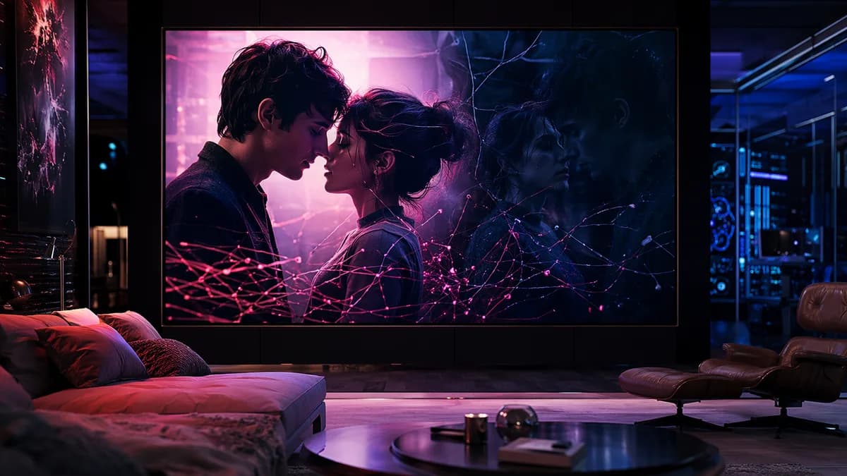 Abstract streaming room where a playful romance shifts into darker tangled reflections