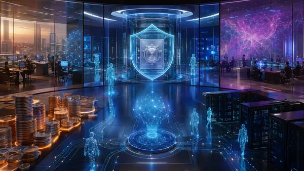 Enterprise AI agents in a futuristic command center with security, cost, and culture challenges visualized.