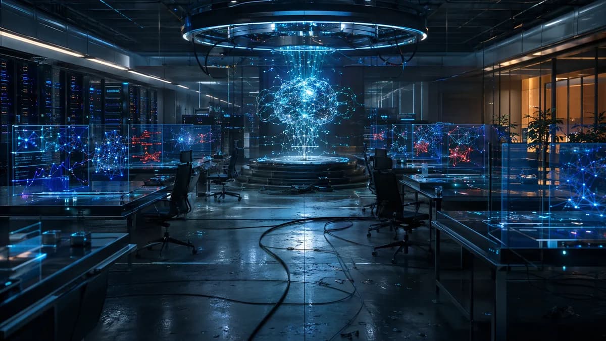 Futuristic AI operations hub with empty control seats, symbolizing enterprise AI ownership gaps.