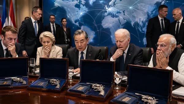 Summit leaders react to ceremonial guns and ammunition in gift cases amid global map backdrop.