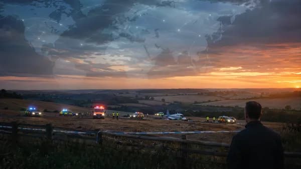 Somber Essex field with emergency response near small plane crash, global map overlay in sky