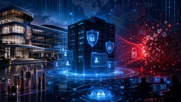 Dark cybersecurity scene with shields, locks, servers, and breached HR data around a corporate building.