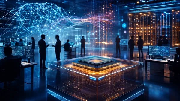 Glowing AI chip in a futuristic tech hub with neural networks, servers, and engineers in silhouette.