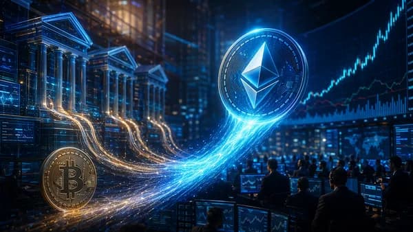 Ethereum token surges ahead of Bitcoin amid institutional ETF inflows on a futuristic trading floor.