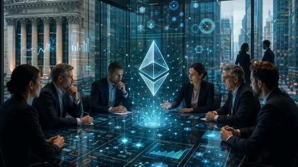 Wall Street boardroom with investors viewing a glowing Ethereum-style blockchain network hologram.