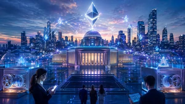 Futuristic civic and financial district connected by glowing decentralized blockchain infrastructure.