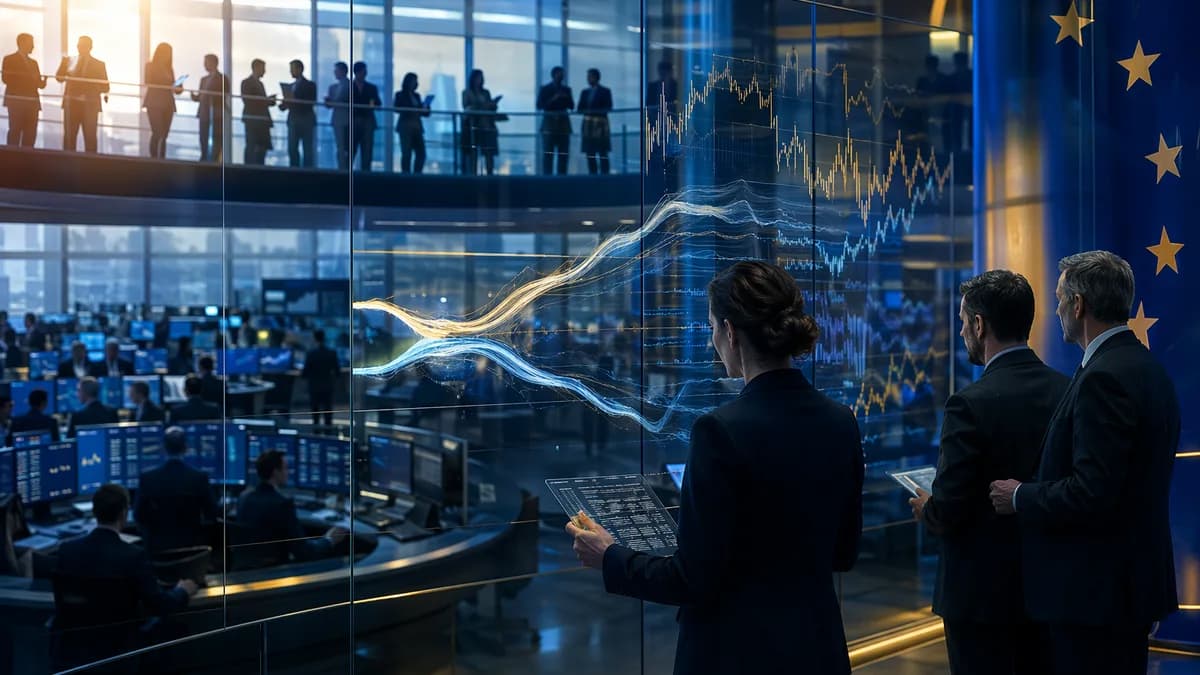 EU regulators restrict retail access to volatile prediction markets on a modern trading floor.