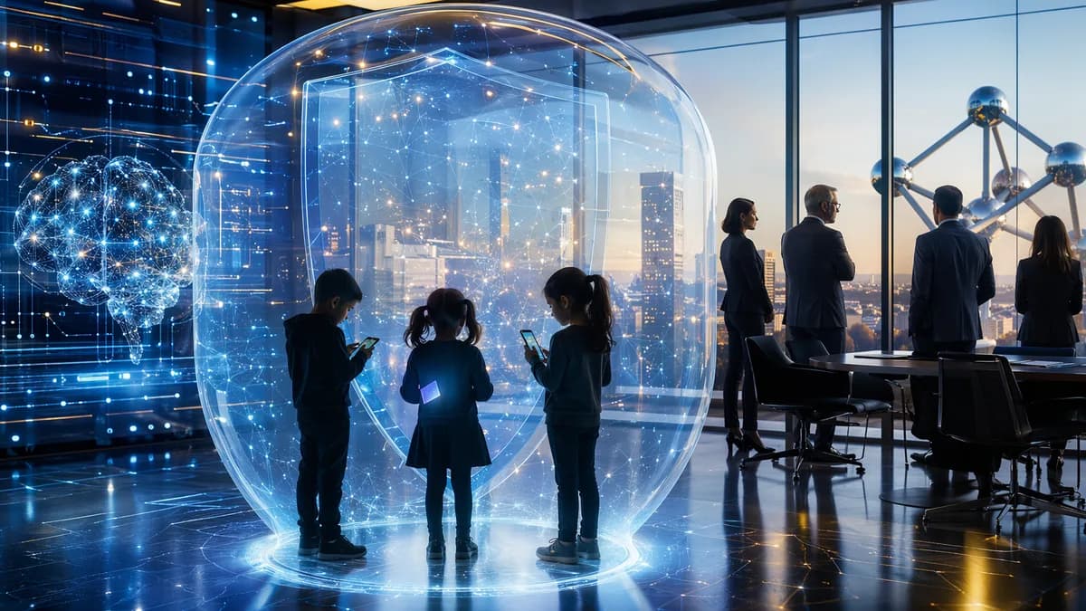 Futuristic EU policy hub with digital shield protecting children from social media on smartphones.