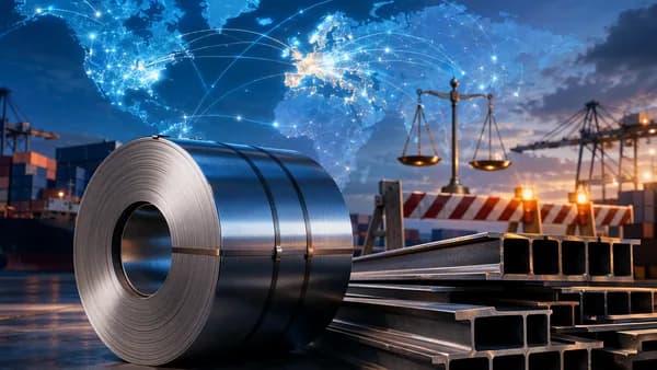 Steel coils before a global trade map, symbolizing EU quota cuts and geopolitical steel tariffs.