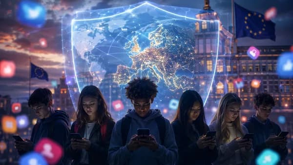 Teens with smartphones behind a digital shield over Europe, symbolizing new social media safety rules.
