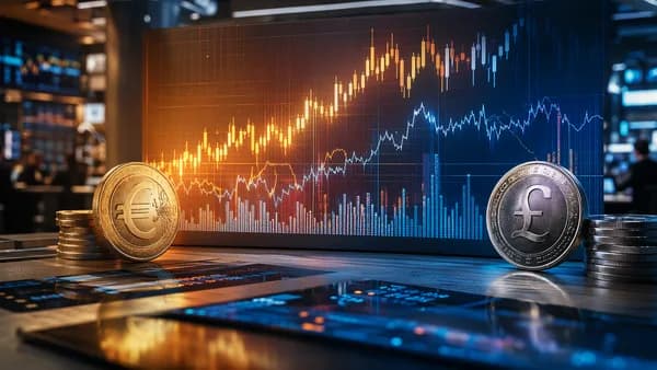 Euro and pound trading concept with rising market visuals on a modern trading desk