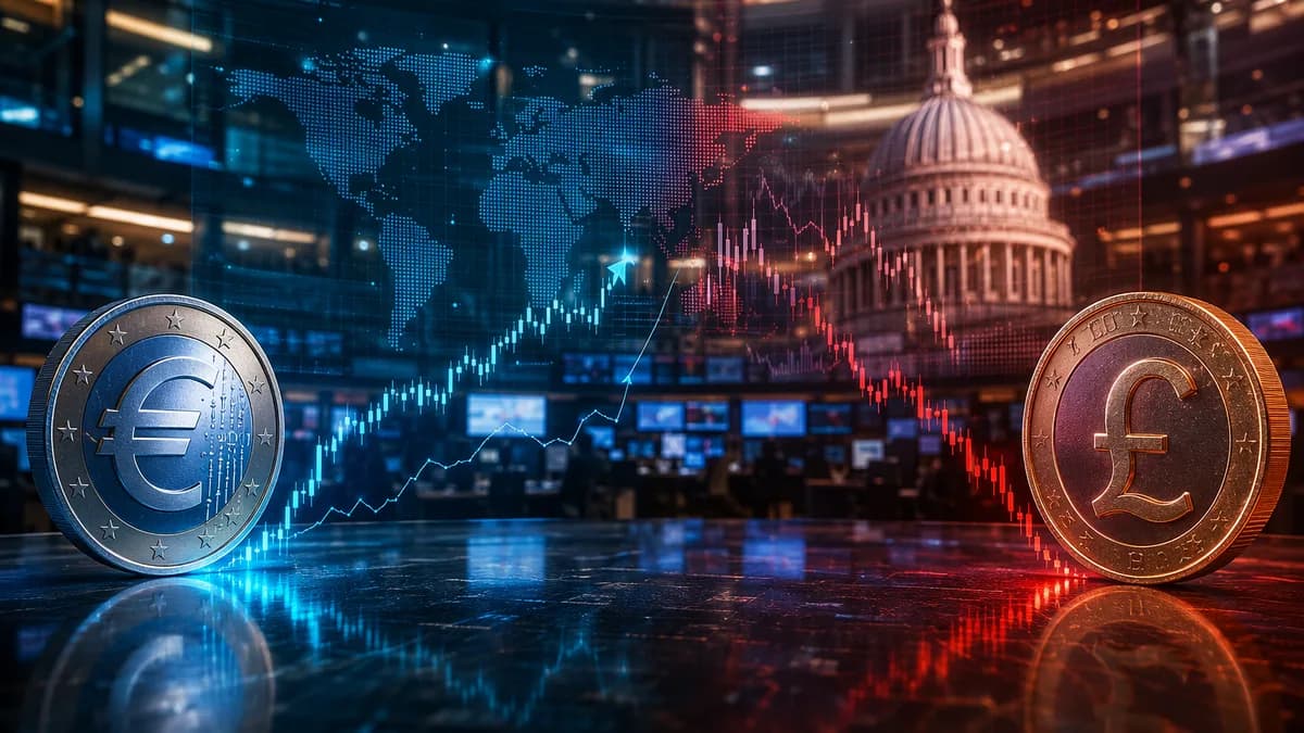 Euro and pound forex trading scene with market charts, reflecting Sterling pressure and EUR/GBP rebound.