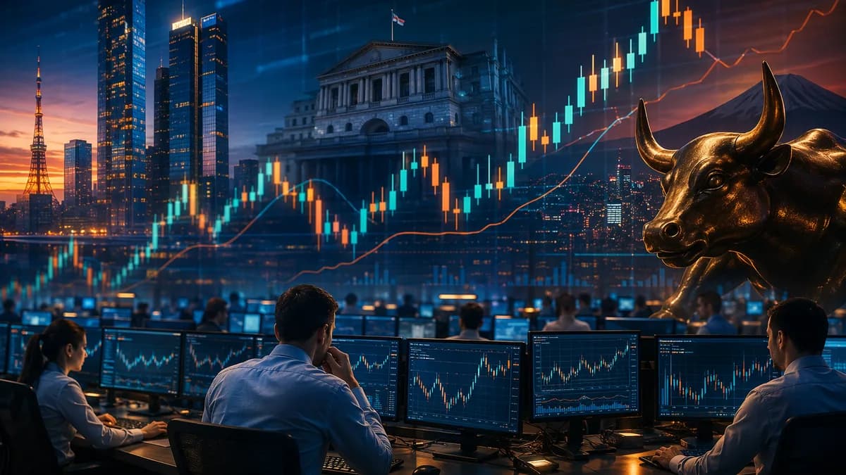 Forex trading floor with abstract euro-yen charts holding near highs before a central bank decision