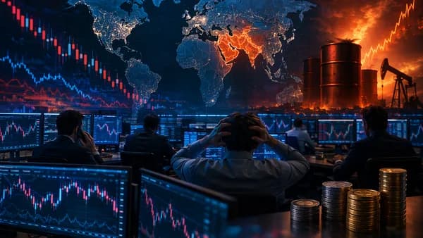 Trading desk with market charts, oil visuals, and Middle East risk backdrop amid euro-dollar volatility.