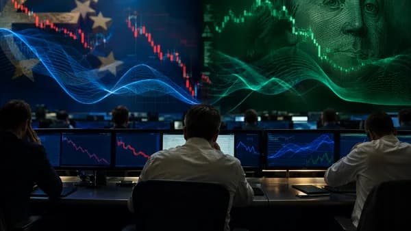 FX trading desk with abstract downside risk charts before a central bank decision