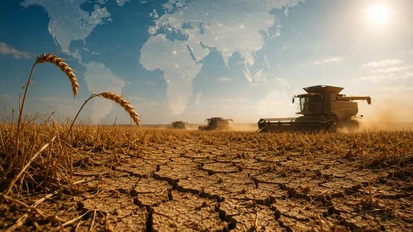 Drought-hit European grain field under heatwave sun with global map connections suggesting food risk