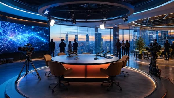 Futuristic European tech studio with cameras, founders, investors, and AI network visuals