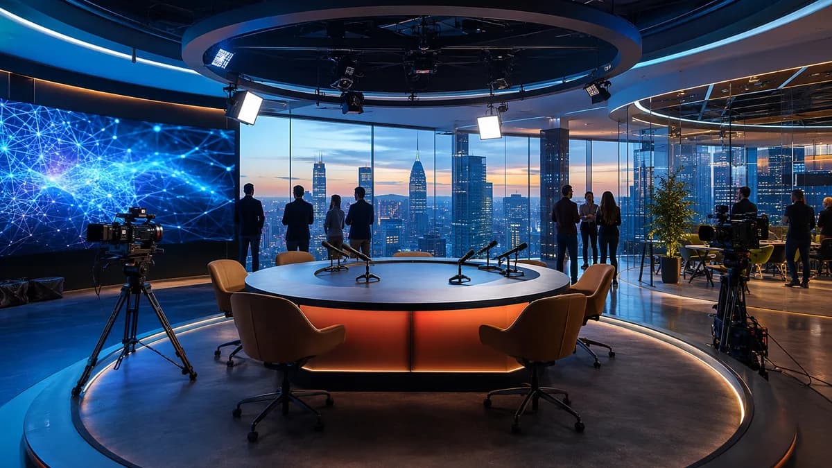 Futuristic European tech studio with cameras, founders, investors, and AI network visuals