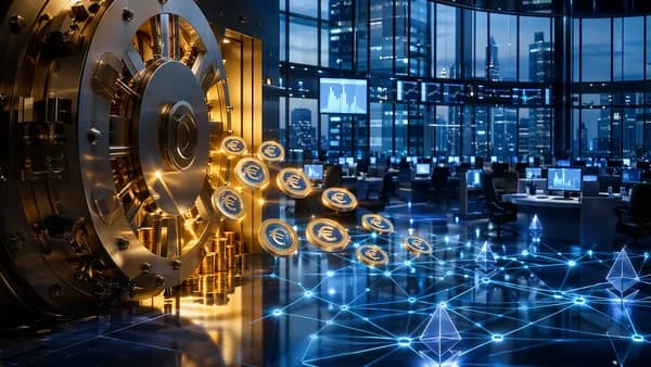 European bank-backed euro stablecoin tokens moving across a secure blockchain network
