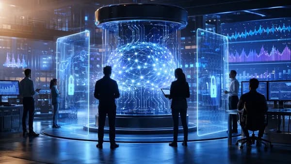 Futuristic AI lab with secure neural network core and abstract monitoring screens