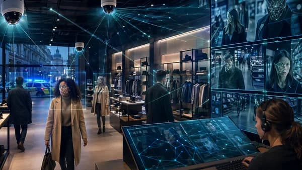 UK shop surveillance cameras using AI facial recognition as police lights glow outside