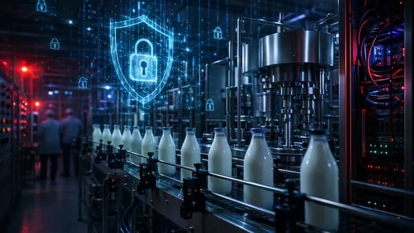 Cybersecurity breach concept at a modern dairy production facility with locks, shields, and dark tech visuals.