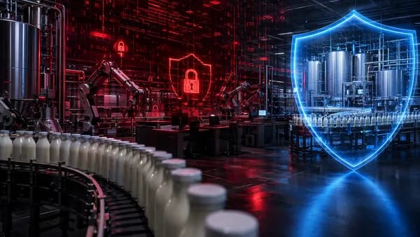 Stopped dairy factory line surrounded by ransomware visuals, locks, shields, and dark cybersecurity effects.