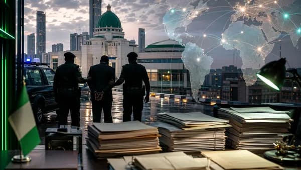 Police escort a suspect in a Nigeria-focused corruption investigation with global map connections.