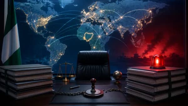 Nigeria budget scandal visual with folders, world map, and warning light over forged authority.