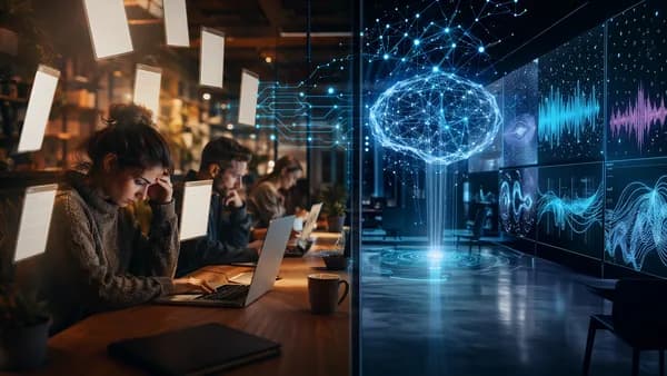 Human writers face a glowing AI detector in a futuristic fanfiction workspace.