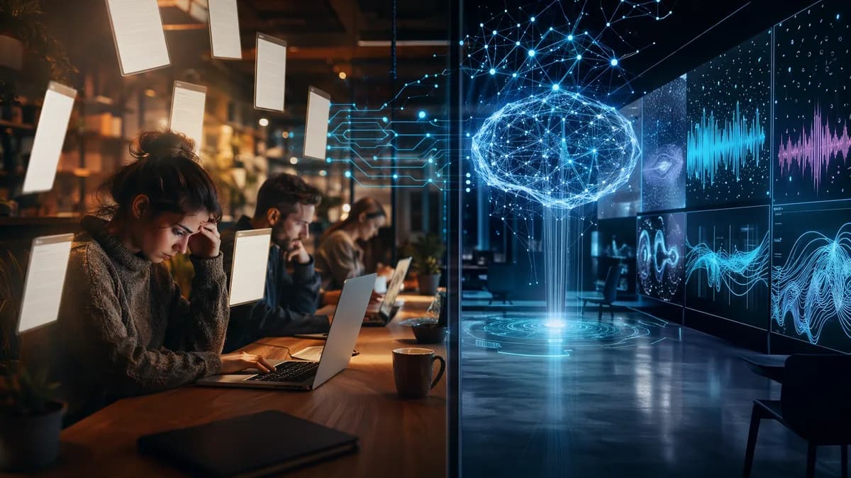 Human writers face a glowing AI detector in a futuristic fanfiction workspace.