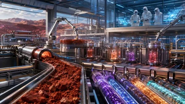 High-tech facility extracting critical minerals from red mud waste with scientists and containment systems.