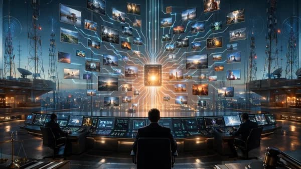 Futuristic broadcast control room showing many media feeds merging into one central hub.