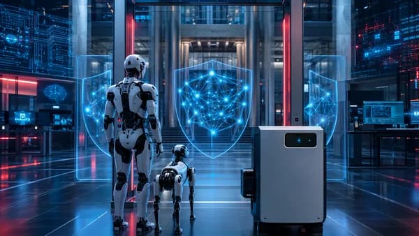 Humanoid robot, robot dog, and solar inverter stopped at a futuristic security checkpoint.