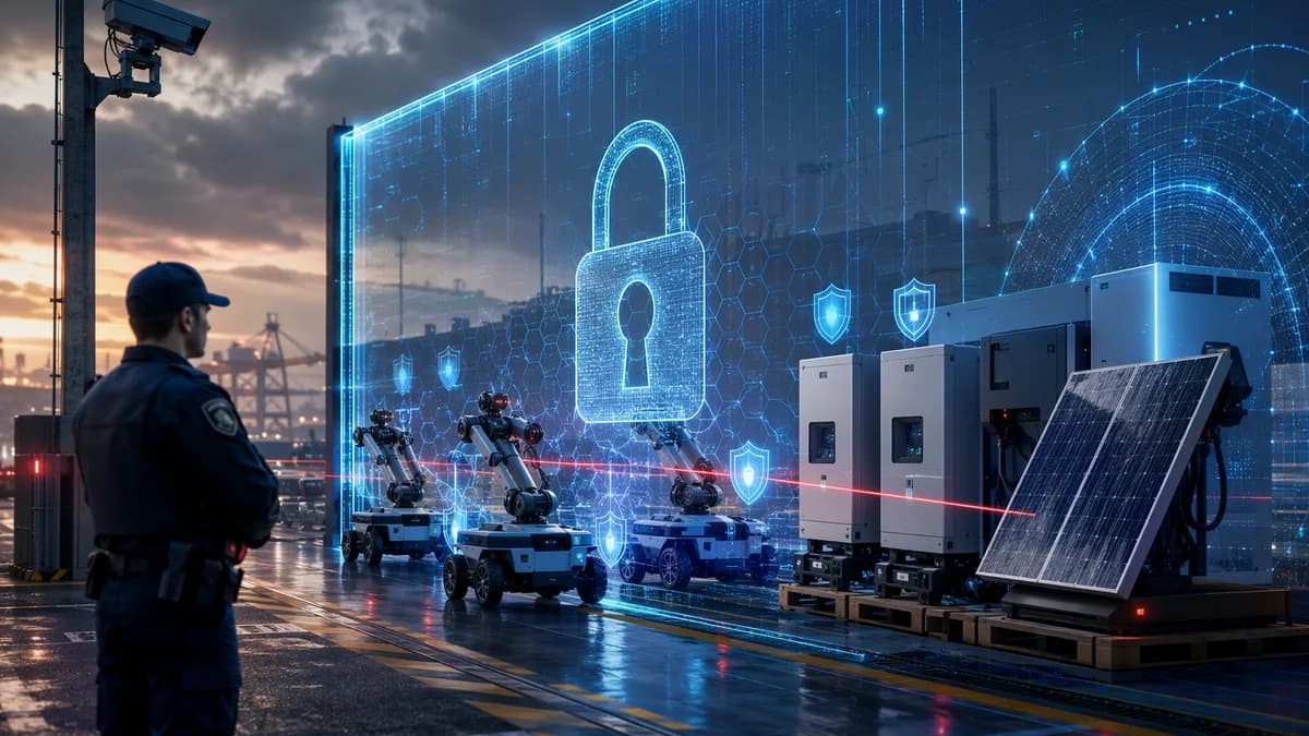 Mobile robots and power inverters blocked by a glowing cybersecurity barrier at a futuristic inspection point