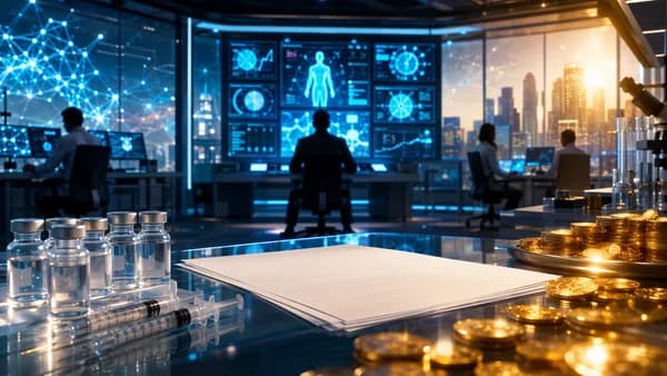 Telehealth lab hub with peptide vials, AI networks, and gold reflections suggesting a booming gray market.
