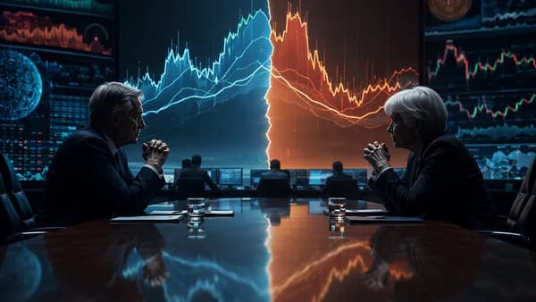 Silhouetted Fed officials split over policy guidance as traders watch volatile bond market charts.