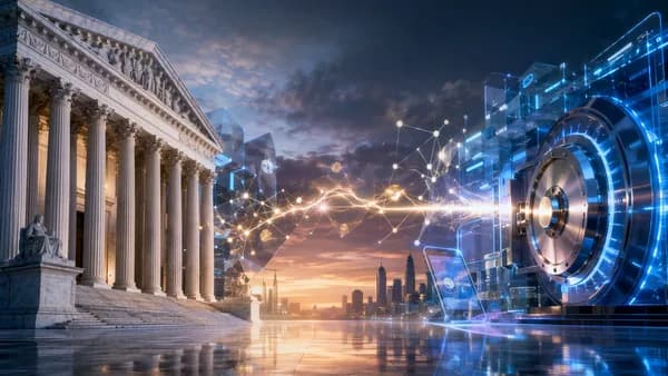 Courthouse and digital banking vault symbolizing Custodia’s Fed master account Supreme Court fight