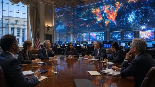 Central bank advisers review glowing market data in a modern policy meeting room.