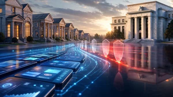 Community banks face fintech payment rails in a symbolic Federal Reserve account policy scene.
