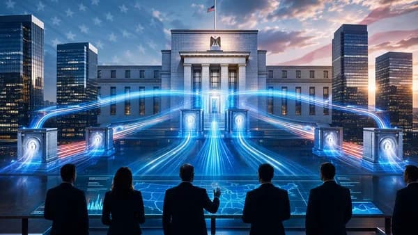 Government-style bank towers linked by glowing liquidity flows in a modern fintech crisis-finance scene.
