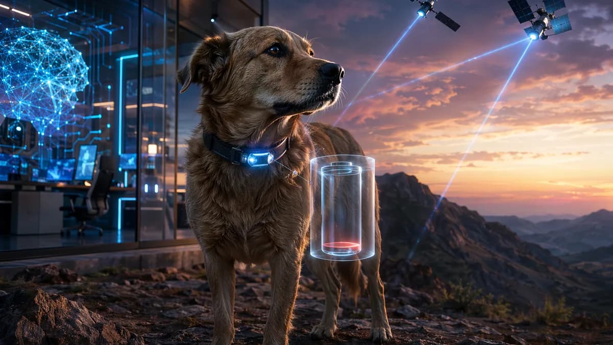 Dog with smart tracking collar under satellite beams in remote terrain, suggesting connectivity and battery drain.