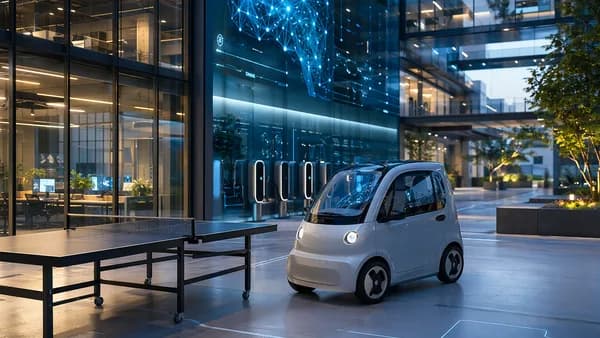 Tiny unbranded micro EV in a futuristic tech hub beside a ping-pong table for scale.