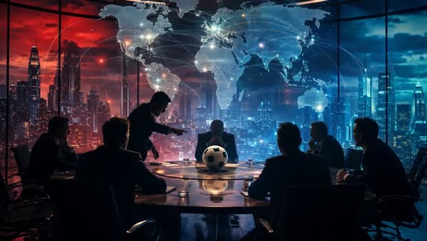 Global football governance boardroom scene with soccer ball, world map, and tense executive silhouettes.