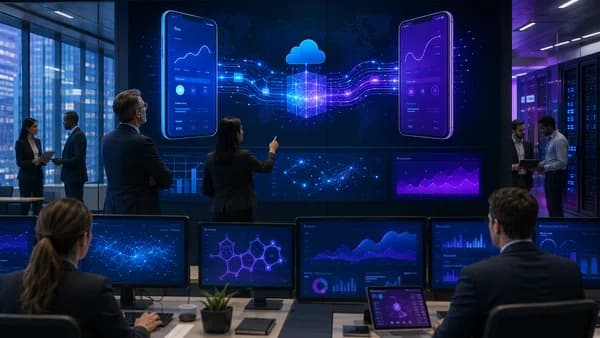 Bank merger integration shown through digital banking systems and payment rails in a modern operations center.