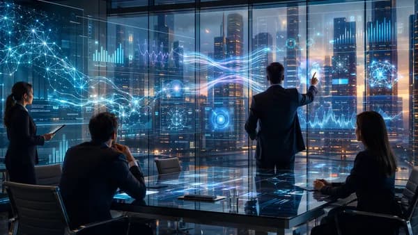 Financial executives view AI investment dashboards with banking, payments, and risk analytics visuals.
