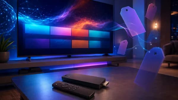Generic 4K streaming stick and remote beside a glowing smart TV in a sleek modern living room
