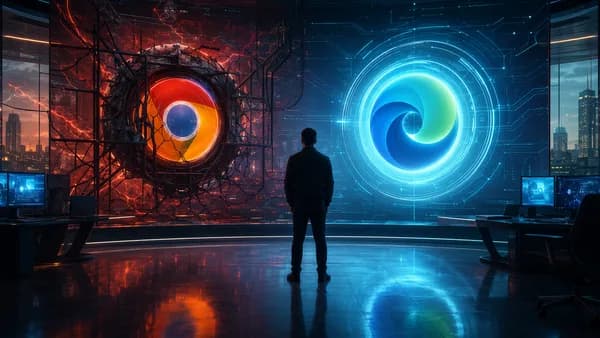 User faces blocked browser choices in a futuristic operating system workspace.